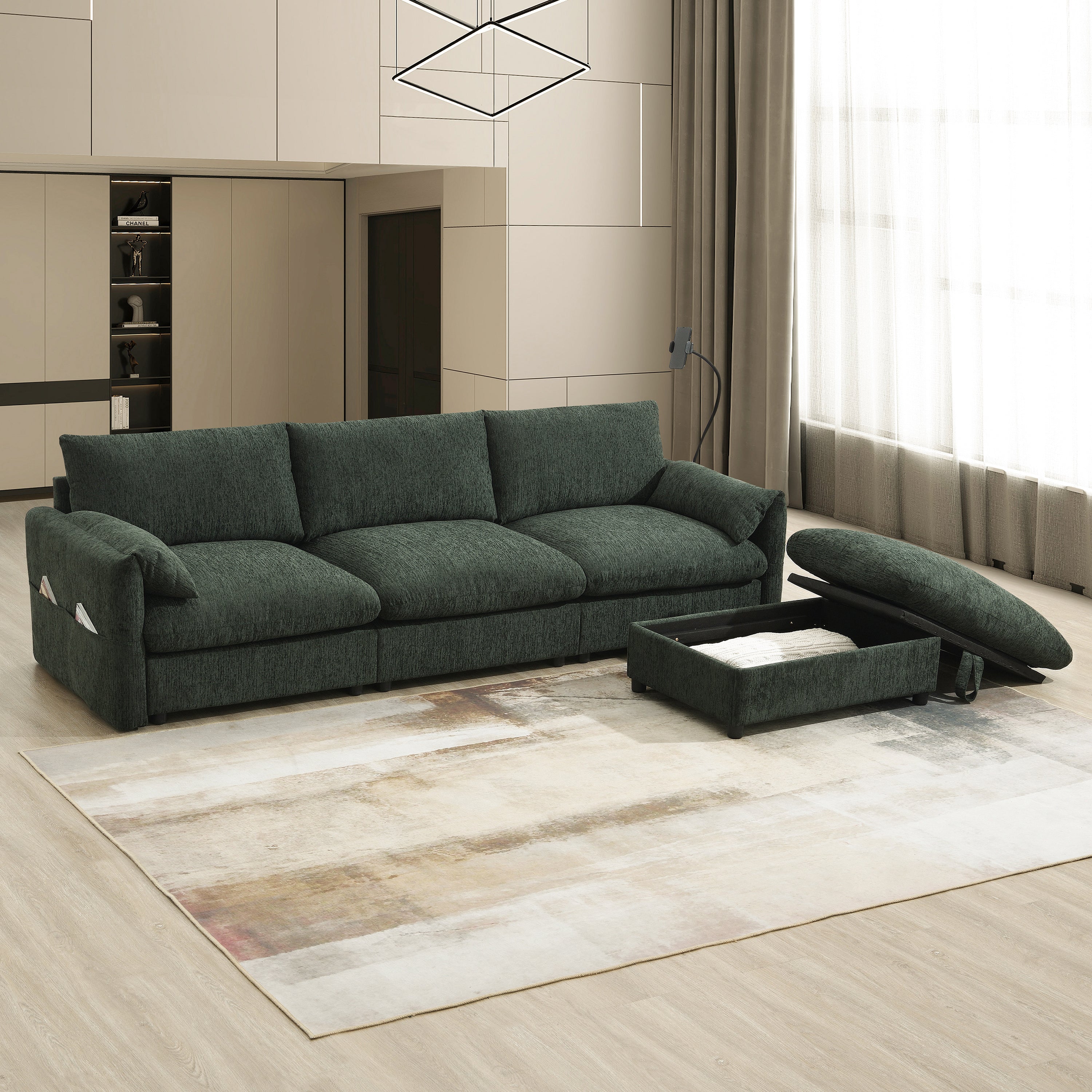 96.5'' Chenille Sectional Sofa with Storage Ottoman and Pockets,Adjustable Phone Holder,Wide Seat,4 Seat L Shaped Couch Set,Comfy Sofa with USB Charger for Living Room,Apartment,3 Colors