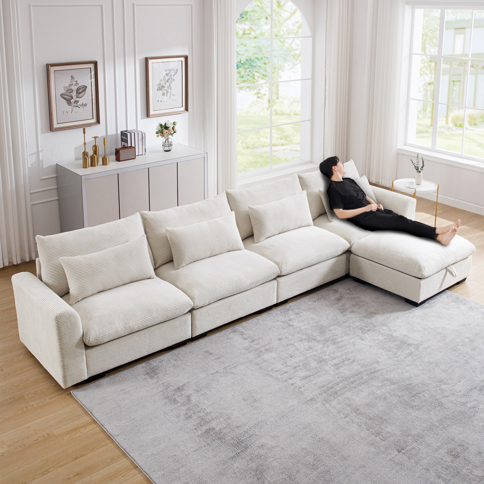 Large L Shape Sectional Corduroy Sofa,Deep Seat Couch with Storage Footstool and 4 Waist Pillows,Beige