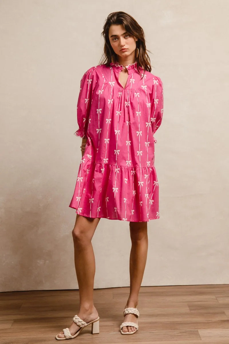 BiBi Ribbon Patterns With Scallops Edge Details Short Sleeve Dress