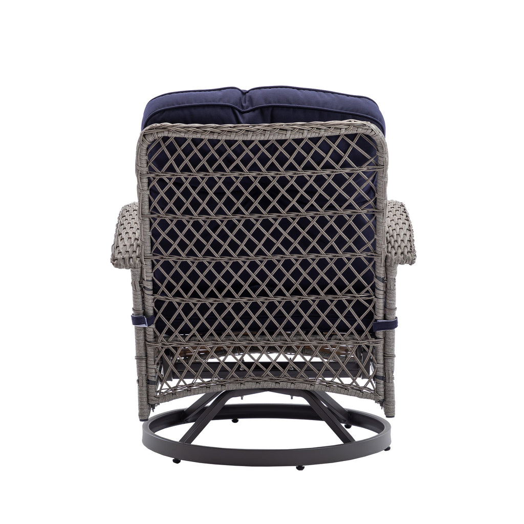 3 Pieces Outdoor Swivel Rocker Patio Chairs, 360 Degree Rocking Patio Conversation Set with Thickened Cushions and Glass Coffee Table for Backyard, Navy blue