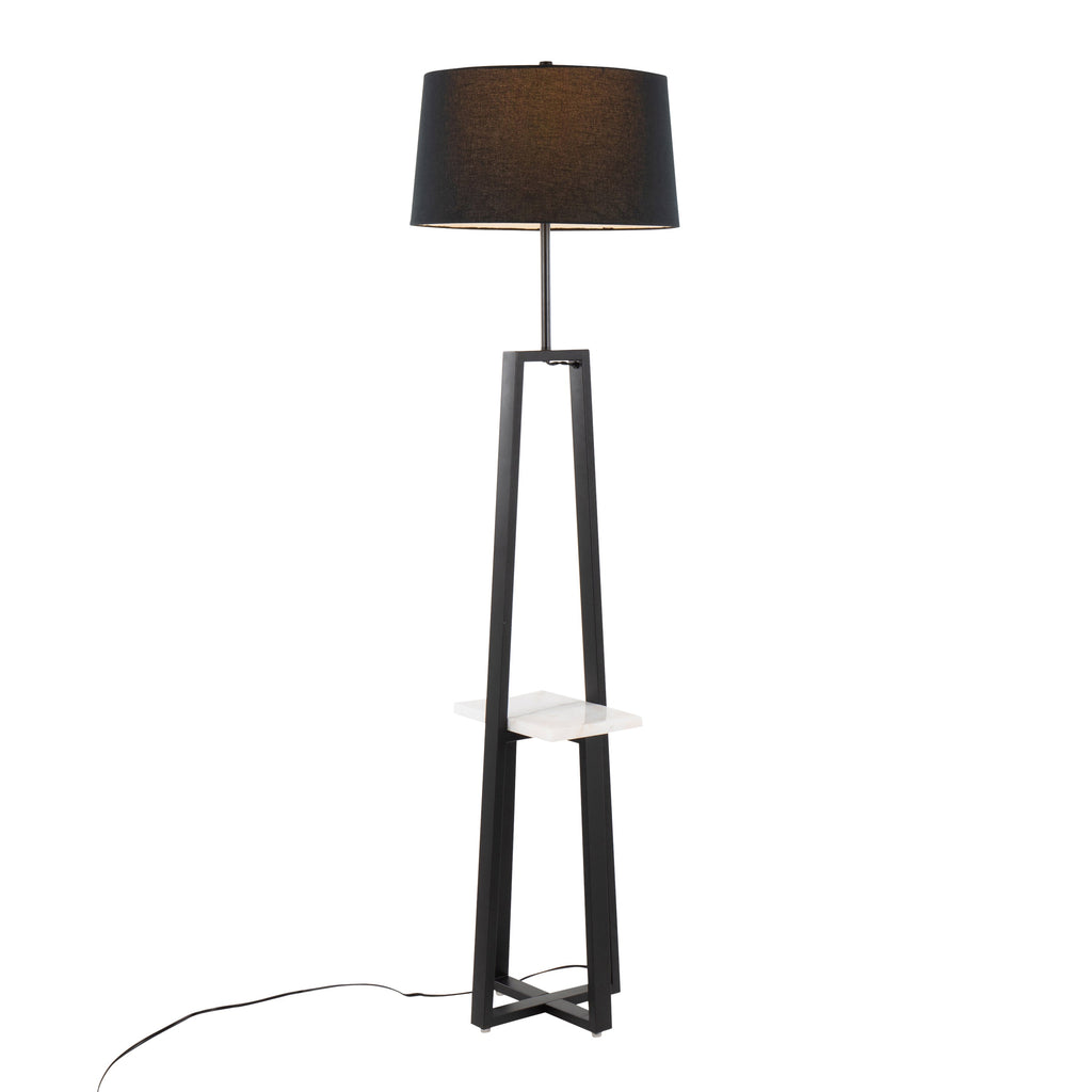 Cosmo Shelf Contemporary/Glam Floor Lamp in White Marble and Black Metal with Black Linen Shade by LumiSource