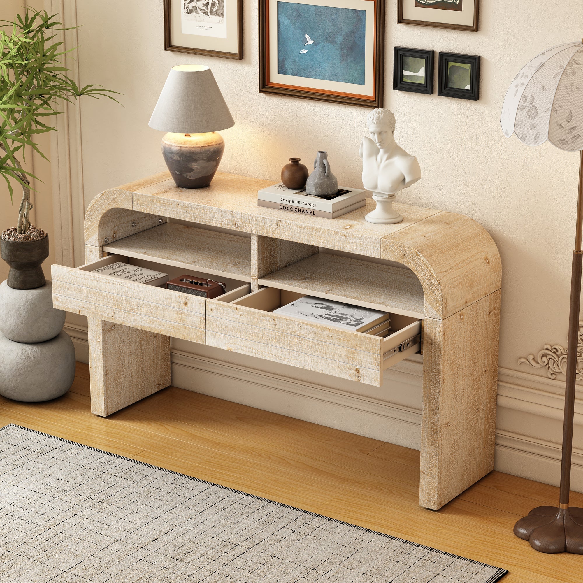 TREXM Console Table Entryway Table, Retro Curved Sofa Table with 2 Large Drawers, Narrow Console Table for Living Room Hallway Entrance, 52''×14''×31.5'', Natural Wood Wash