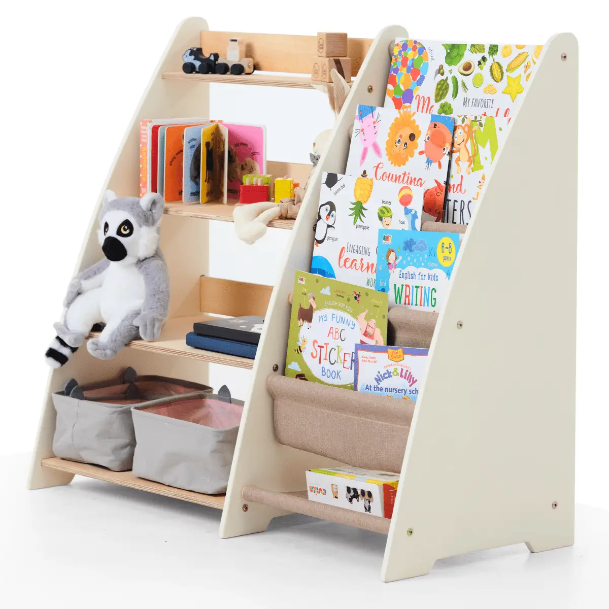 2-in-1 Montessori shelf for books and toys, Goodevas, cream frame with natural wood shelves