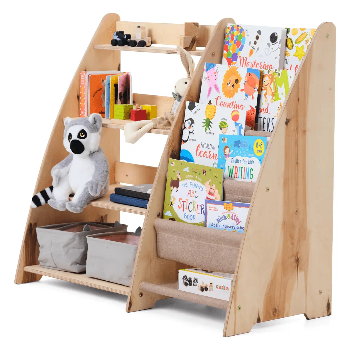 2in1 Montessori shelf for books and toys in natural wood with fabric pockets and storage bins