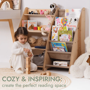 Goodevas 2in1 Montessori Shelf for Books and Toys in natural wood with a multi-pocket book rack.