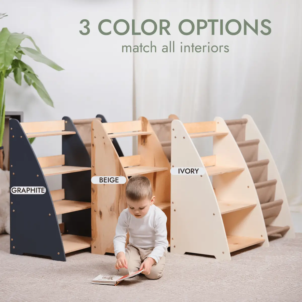 2in1 Montessori shelf for books and toys in graphite, beige, and ivory; 3 color options.