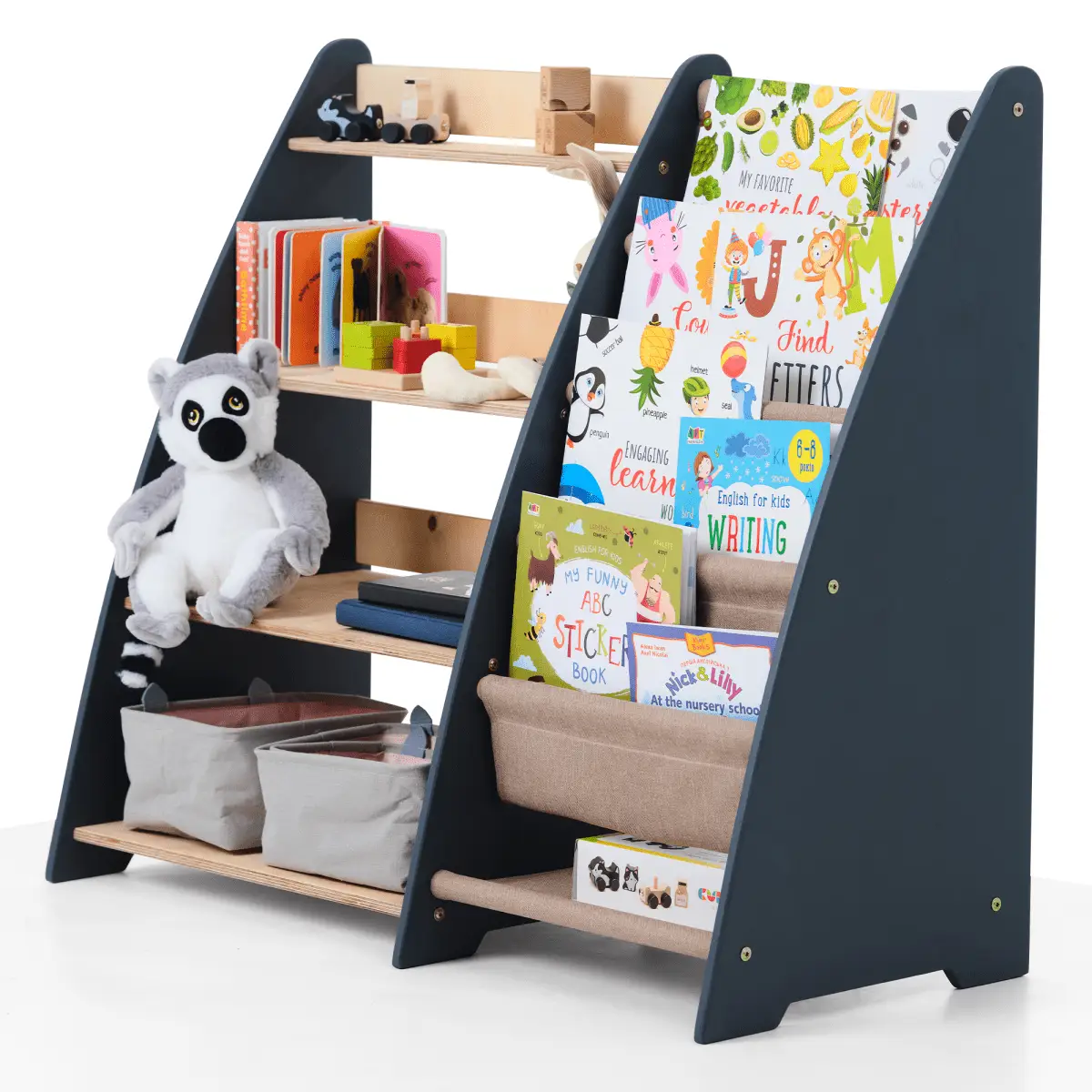 Goodevas 2in1 Montessori Shelf for Books and Toys, navy frame with natural wood shelves and two fabric bins