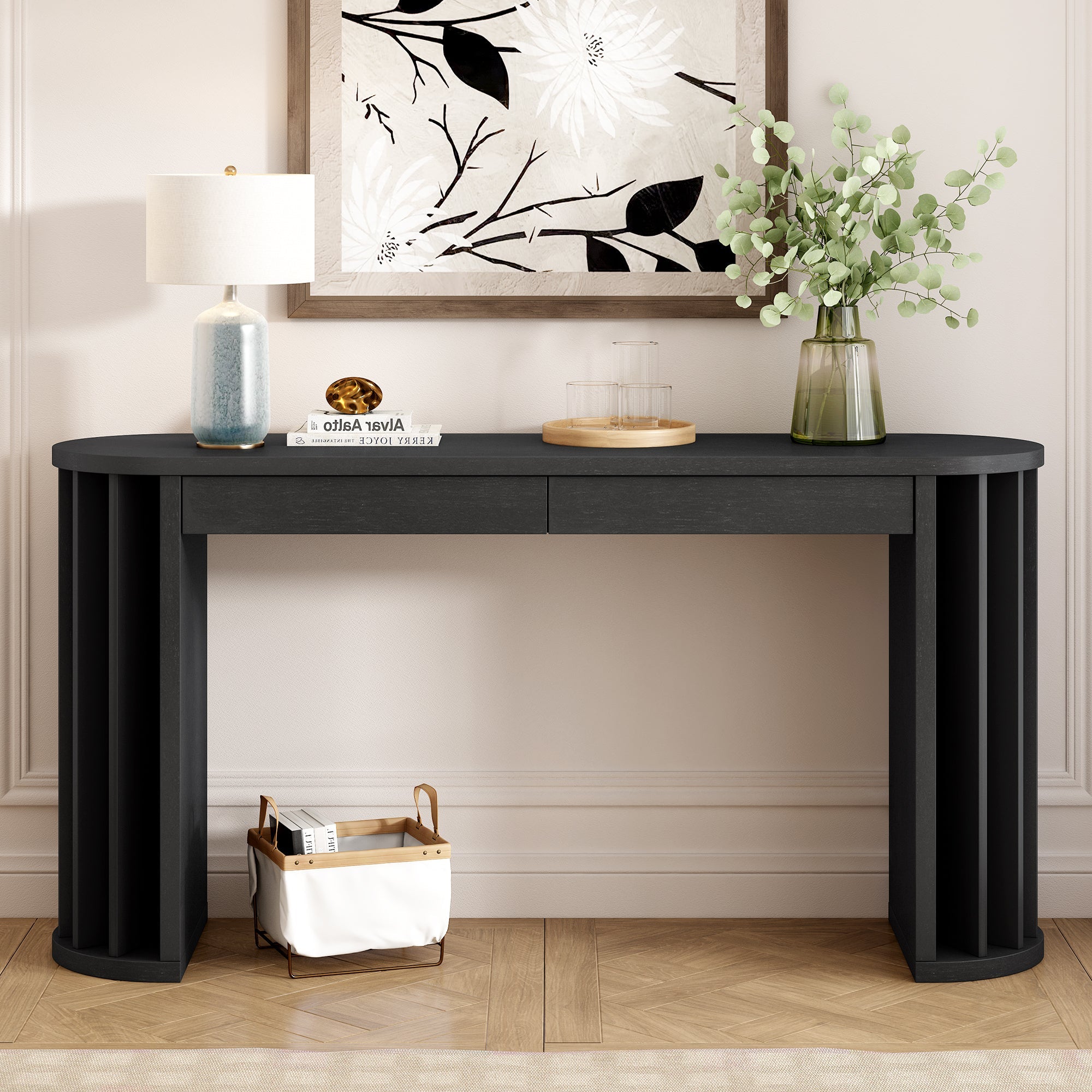 U_Style 59-inch Long Console Table,Oak Veneer Sofa Table,Curved and Straight Line Design,Behind the Couch, Farmhouse Entryway Table for Entrance, Hallway, Living Room (Black)