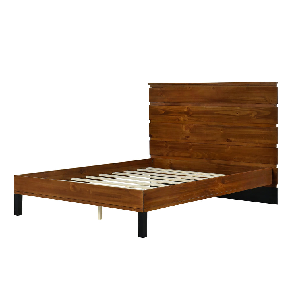Mid-Century Modern Solid Wood Bed Frame Full Size Platform Bed with Six-Piece Headboard Design, No Box Spring Needed, Brown
