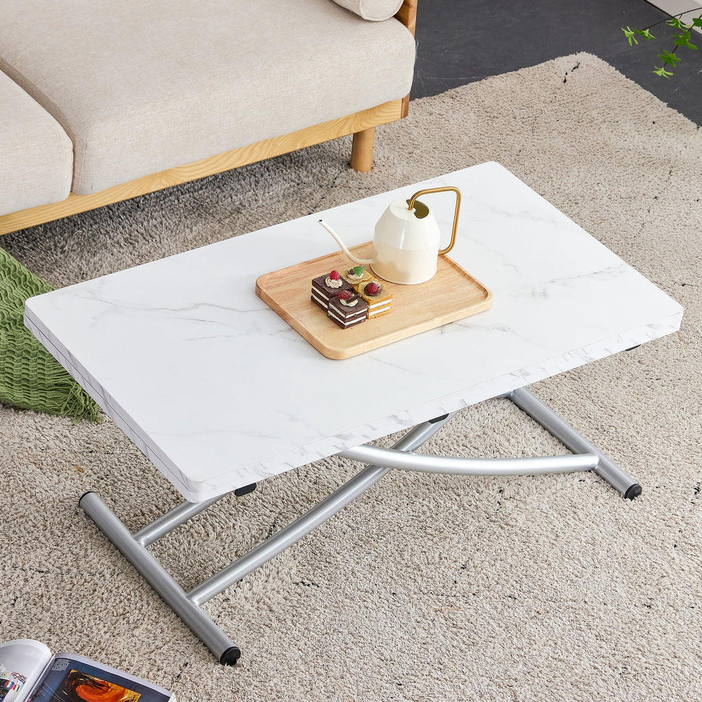 Modern minimalist multifunctional lift table with 0.8 inch MDF desktop and silver metal legs, can be used as a dressing table, coffee table, dining table, and office table