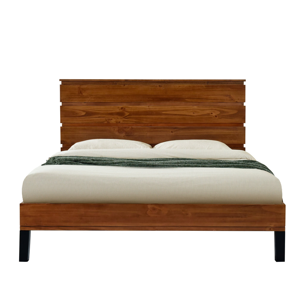 Mid-Century Modern Solid Wood Bed Frame Full Size Platform Bed with Six-Piece Headboard Design, No Box Spring Needed, Brown