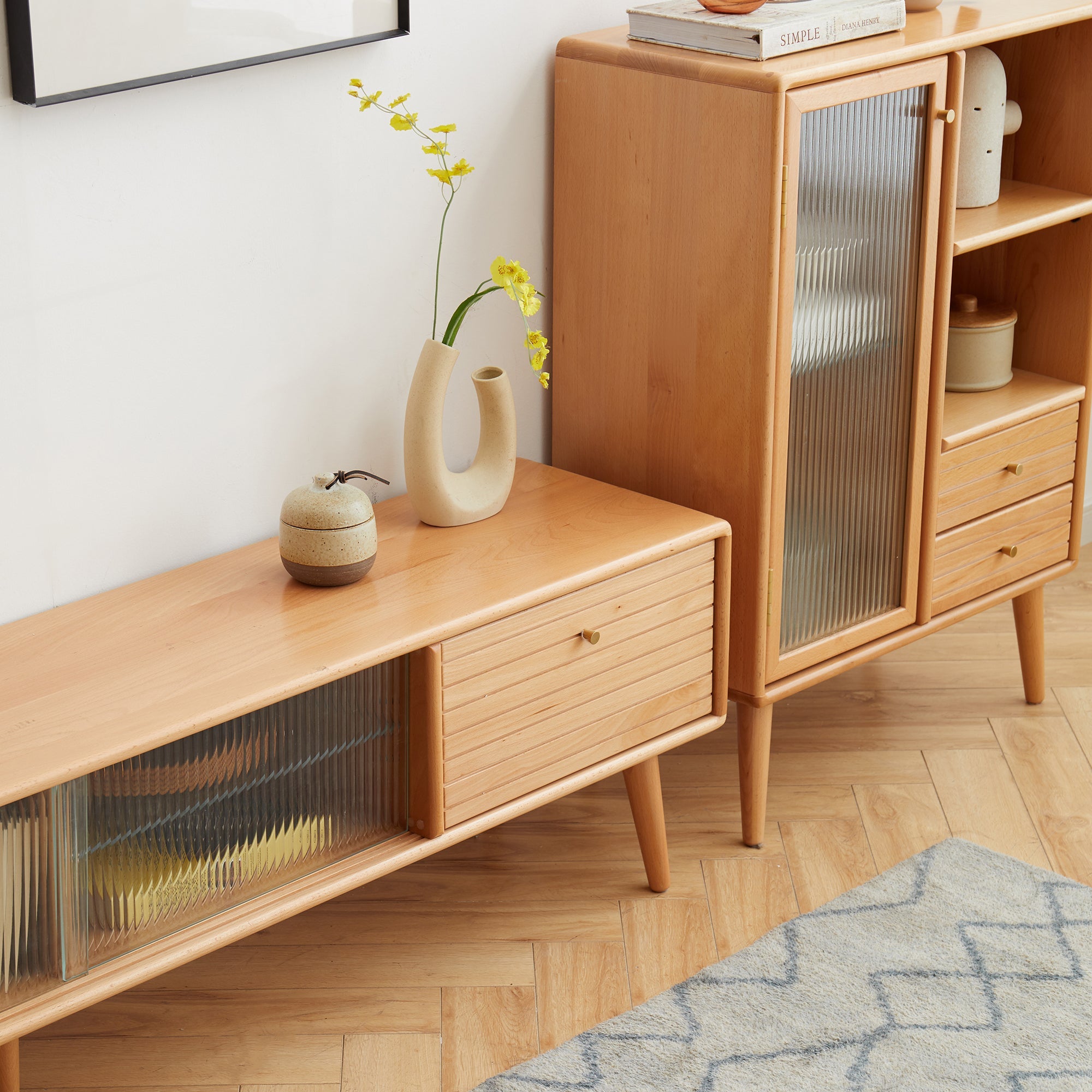 North America A Grade Solid Beech TV Cabinet With Chinese Changhong Glass Doors, Two Drawer Storage Space TV Standing