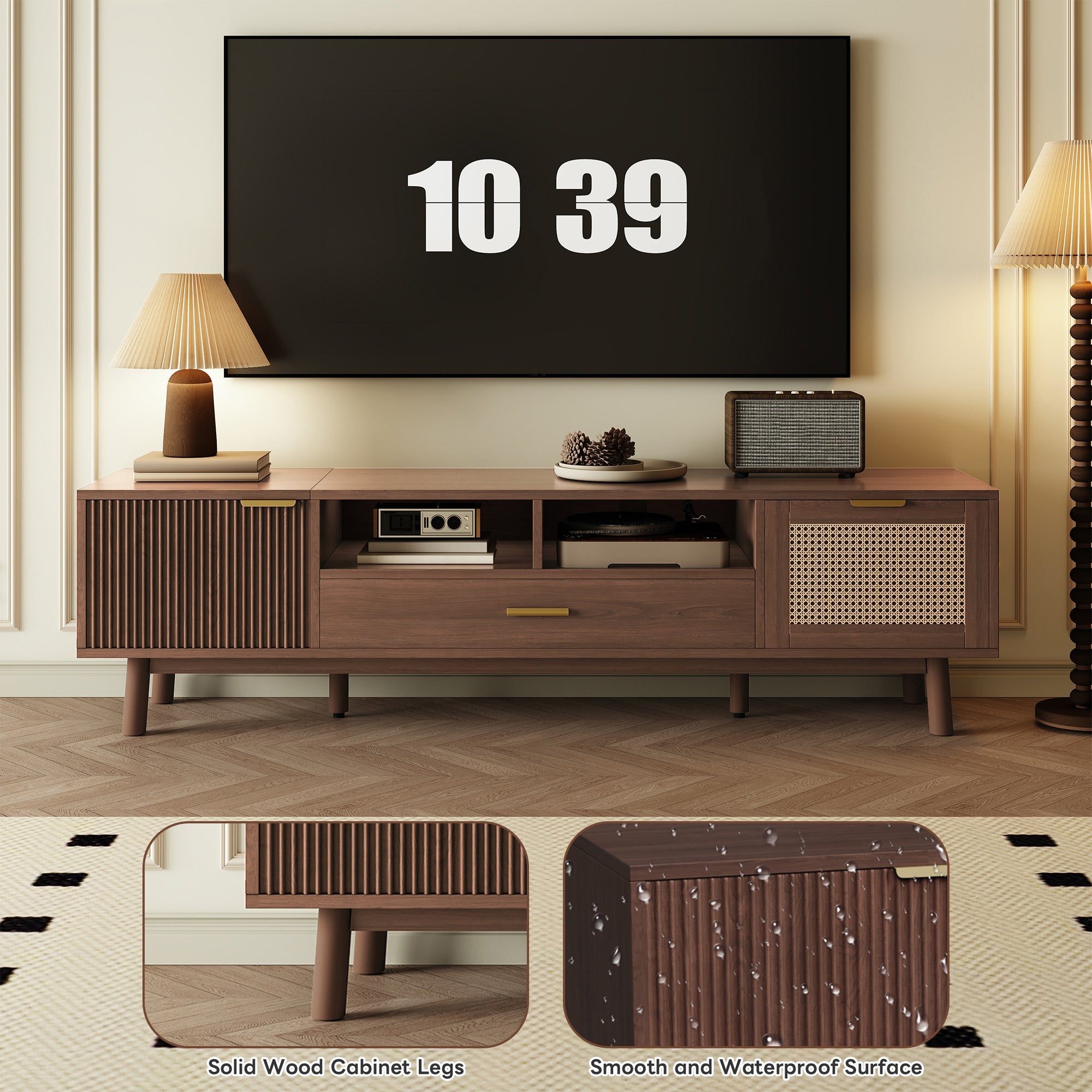 Wood Fashionable TV Stand for 75' TVs, TV Cabinet with Soft-Closing Door and Drop-Down Door Cabinet, Modern TV Consoles for Living Room, Bedroom