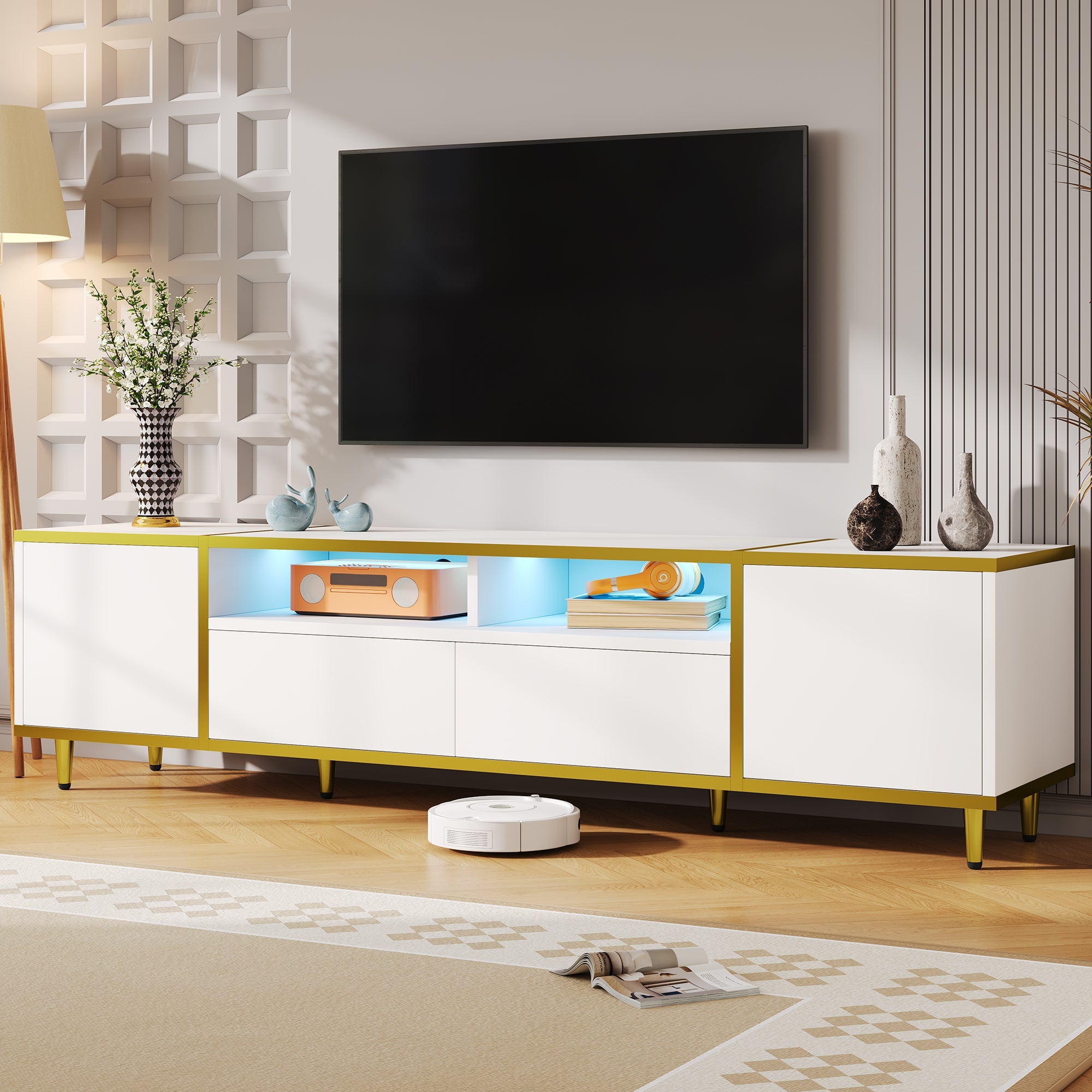 U-Can 70.9'' Modern TV Stand for TVs up to 80 Inches, Entertainment Center with 2 Shelves and  LED Lights, TV Storage Cabinet with 2 Drawers, 2 Cabinets and Metal Legs for Living room