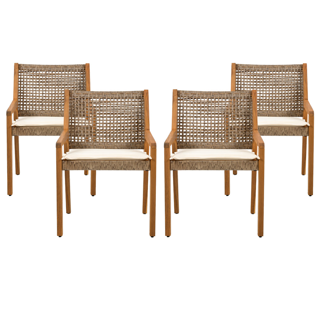 Outdoor Dining Set – Premium Acacia Wood Della Table & Wicker Chairs with Cream Cushion for Comfortable Dining Experience,Suitable for large gatherings(1 Table + 4 Chairs)