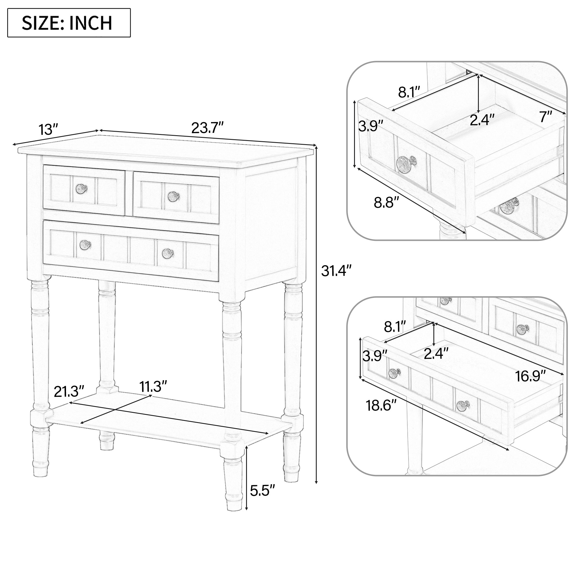 TREXM Narrow Console Table, Slim Sofa Table with Three Storage Drawers and Bottom Shelf (Navy)