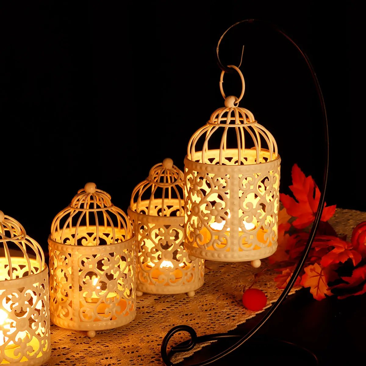 6-pack small metal candle lanterns by JHY DESIGN with ornate white filigree and warm glow