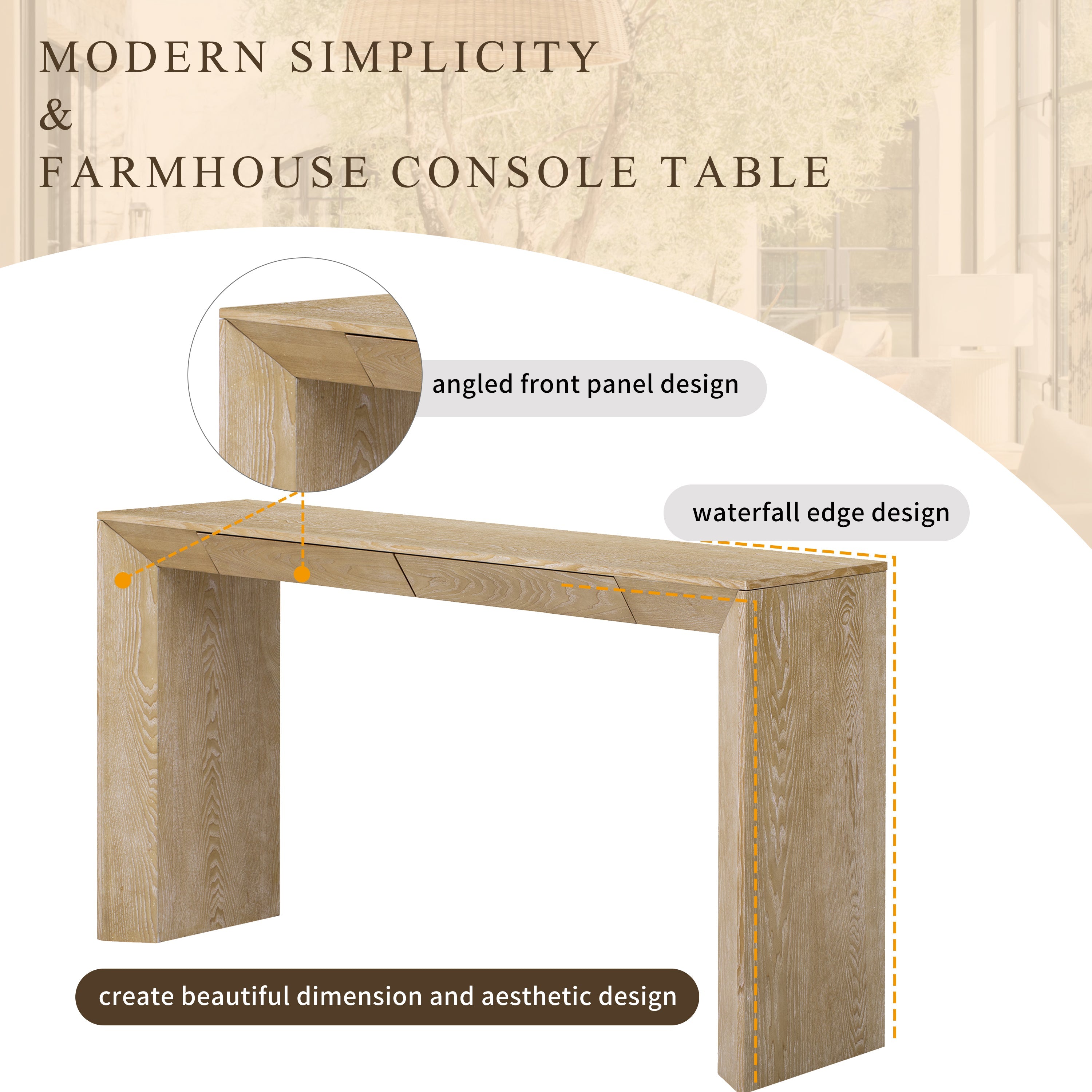 TREXM 60' Modern Farmhouse Console Table with 2 Concealed Drawers, Waterfall Design Entryway Table with Thickened Legs & Rustic Wood Grain for Living Room, Entryway & Hallway (Natural)