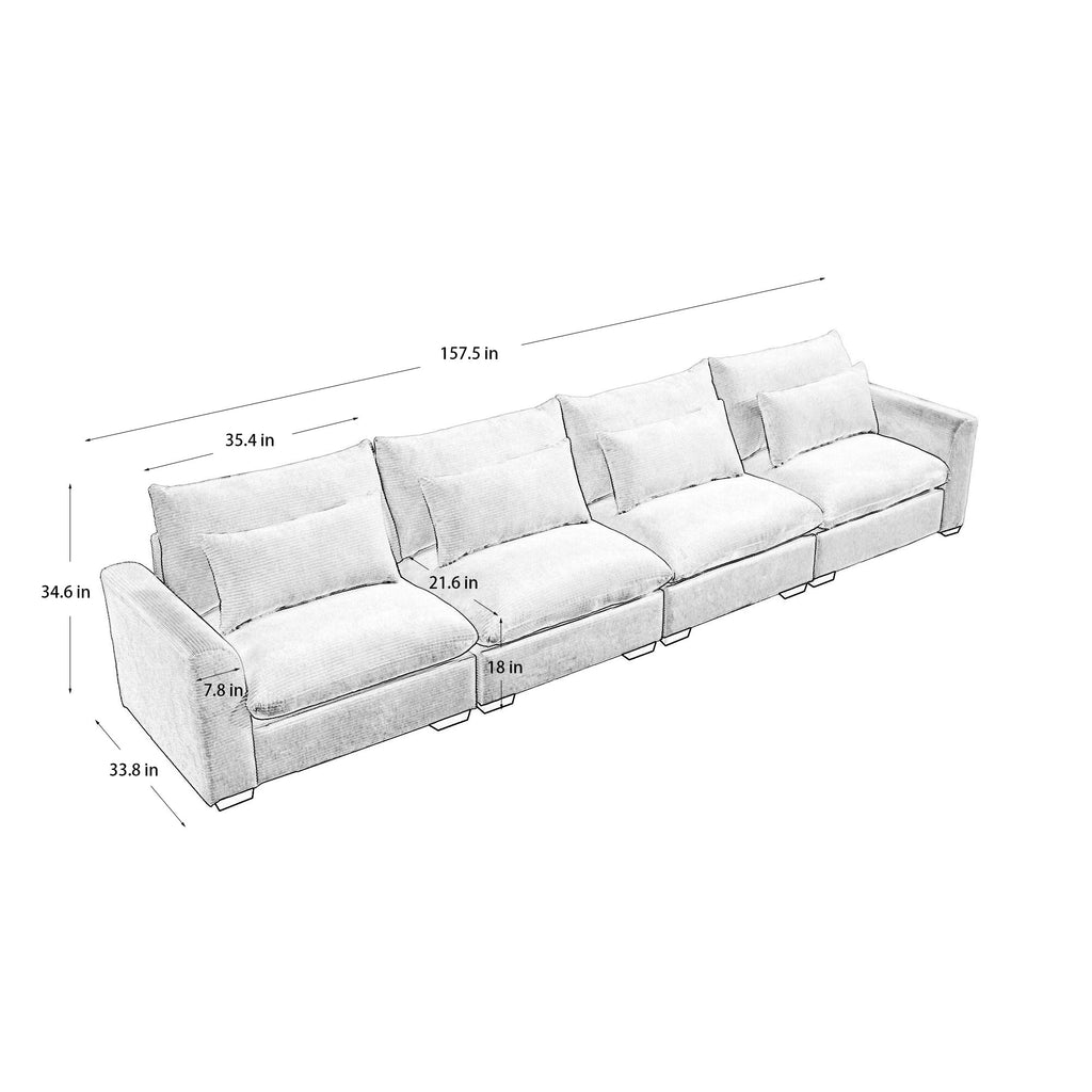 4 Seater Deep Seat Couches for Living Room, Comfy Blue Corduroy Sofas for Living Room Modern with 4 Waist Pillows