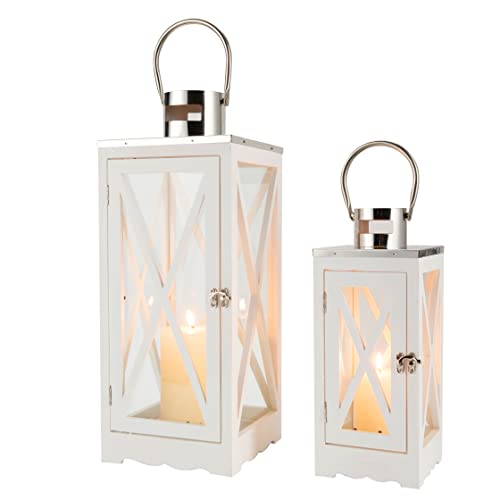 JHY DESIGN metal decorative hanging candle lanterns, white with glass panels, set of 2 in 17.5 and 24.5 inches tall.