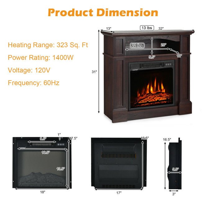 32" Electric TV Stand Entertainment Center Console Fireplace W/ Mantel & Shelf, 1400W (90869345)