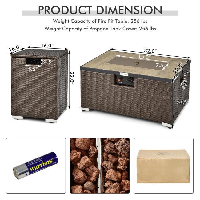32" Propane Rattan Fire Pit Table Set W/ Side Table Tank & Cover (90165397)