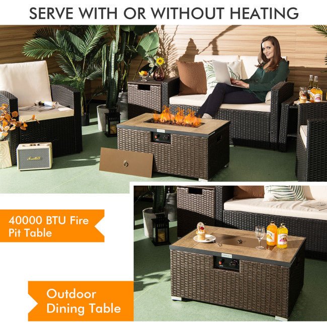 32" Propane Rattan Fire Pit Table Set W/ Side Table Tank & Cover (90165397)