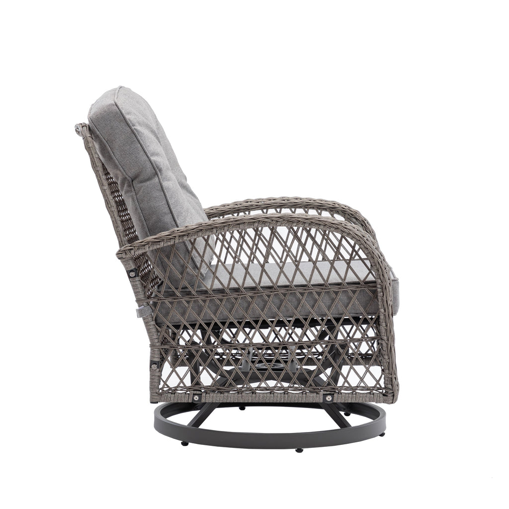 3 Pieces Outdoor Swivel Rocker Patio Chairs, 360 Degree Rocking Patio Conversation Set with Thickened Cushions and Glass Coffee Table for Backyard, Grey