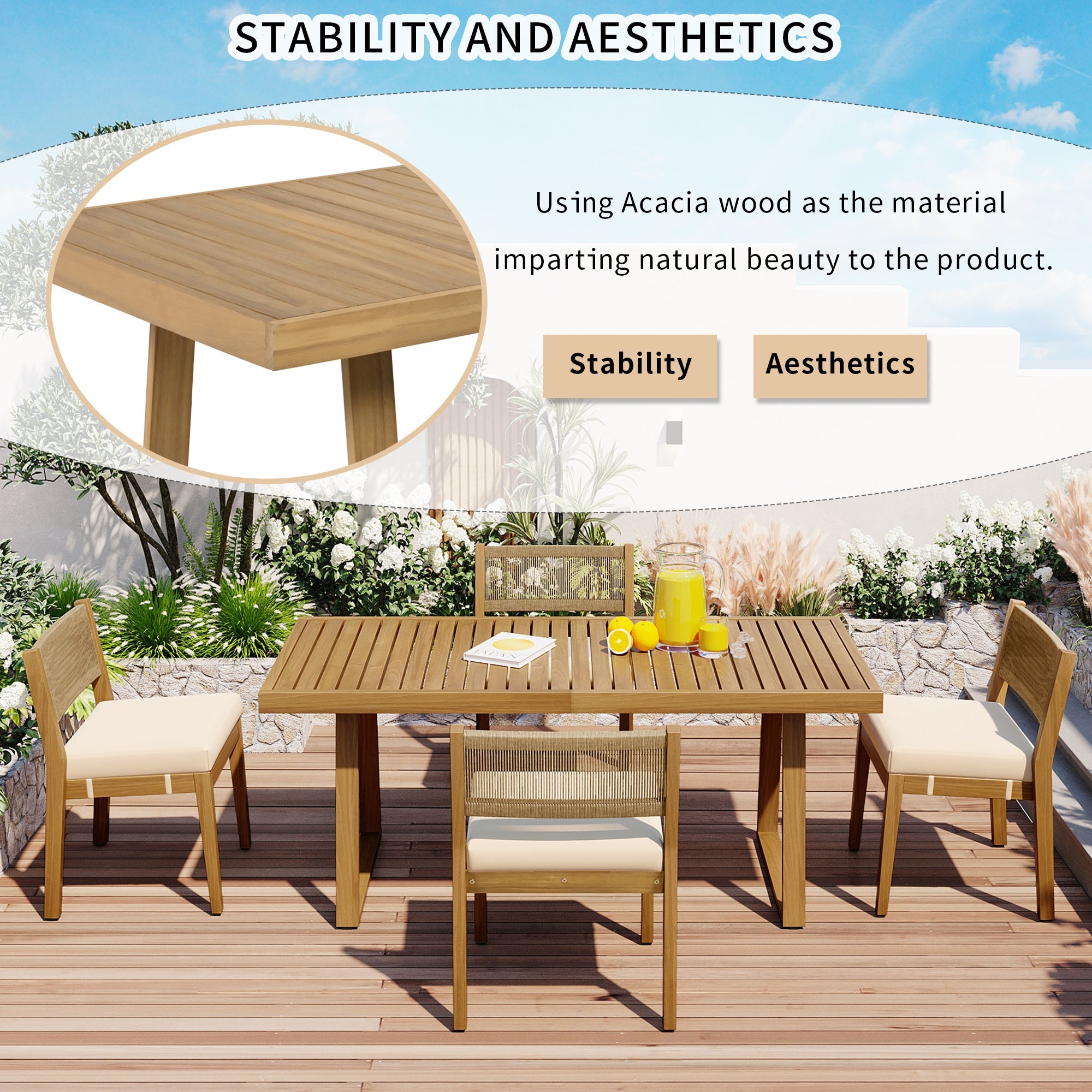 U_Style Multi-person Outdoor Acacia Wood Dining Table and Chair Set, Thick Cushions, Suitable for Balcony, Vourtyard, and Garden.