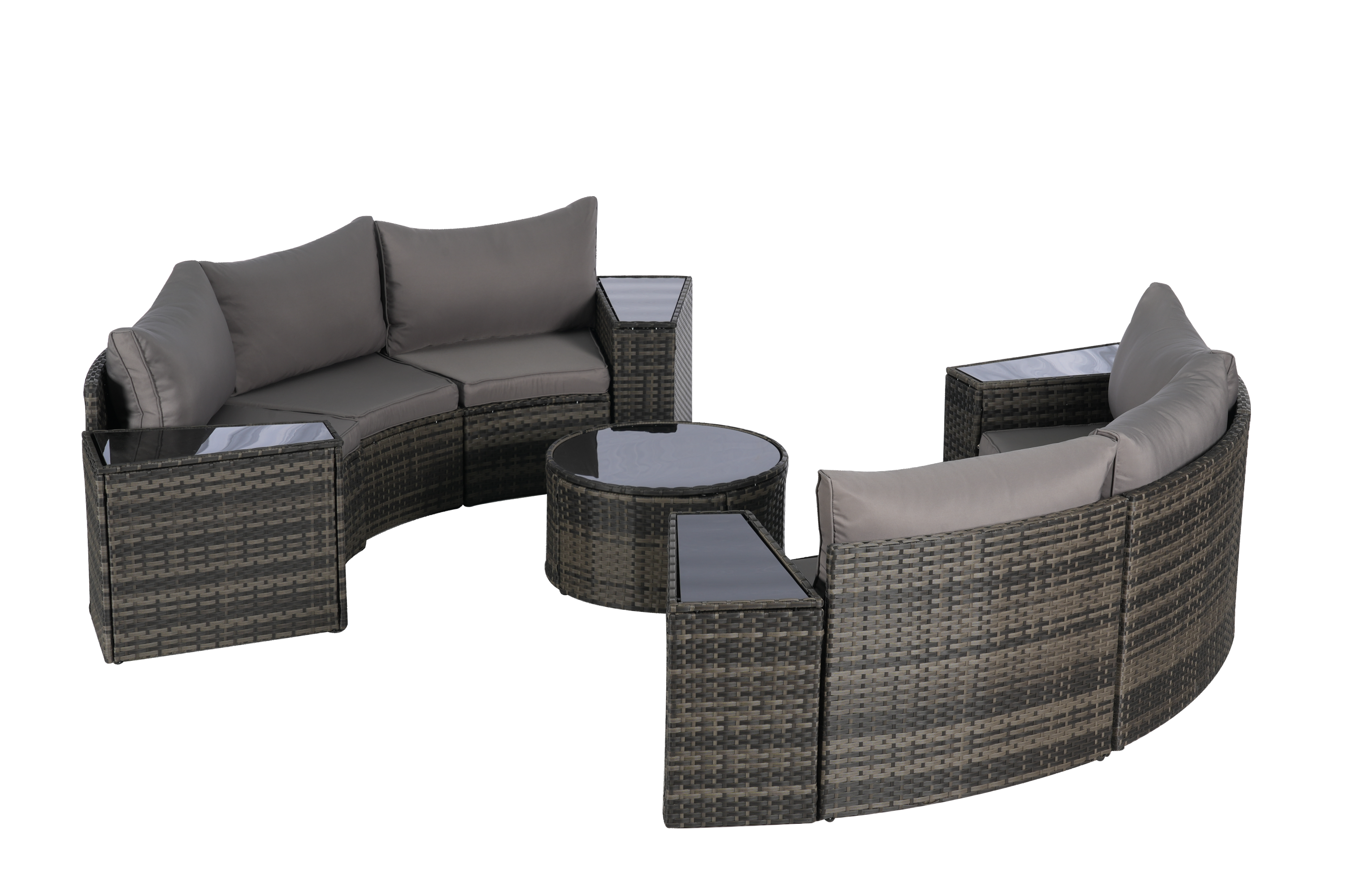 Outdoor Patio Furniture 11-Piece Half-Moon Sectional Round Patio Furniture Set Sofa with Tempered Glass Round Coffee Table