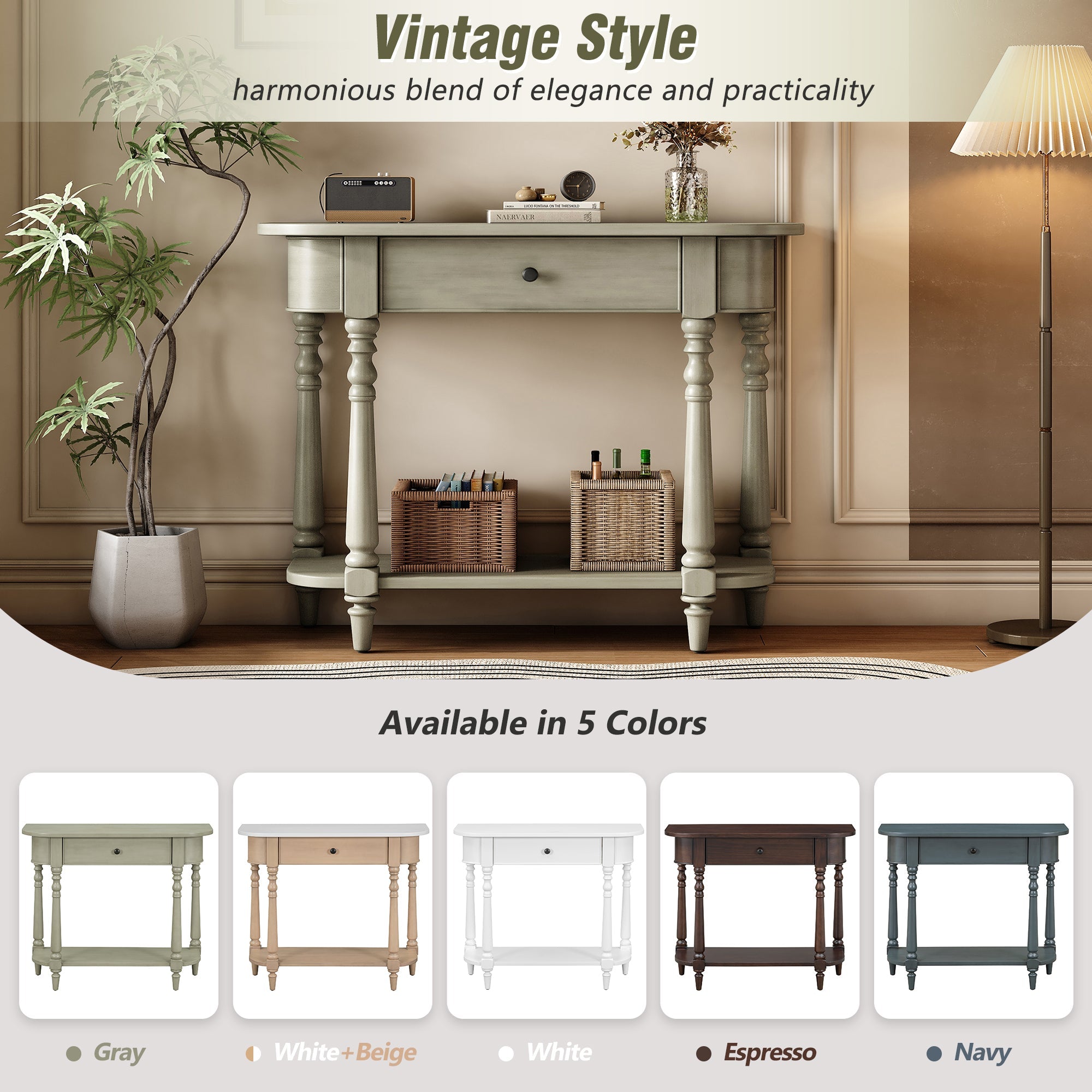 TREXM Narrow Console Table with Curved Corner, Retro Entryway Table with Top Drawer and Open Shelf, Sofa Table Console Tables for Entryway, Hallway and Living Room (Gray)