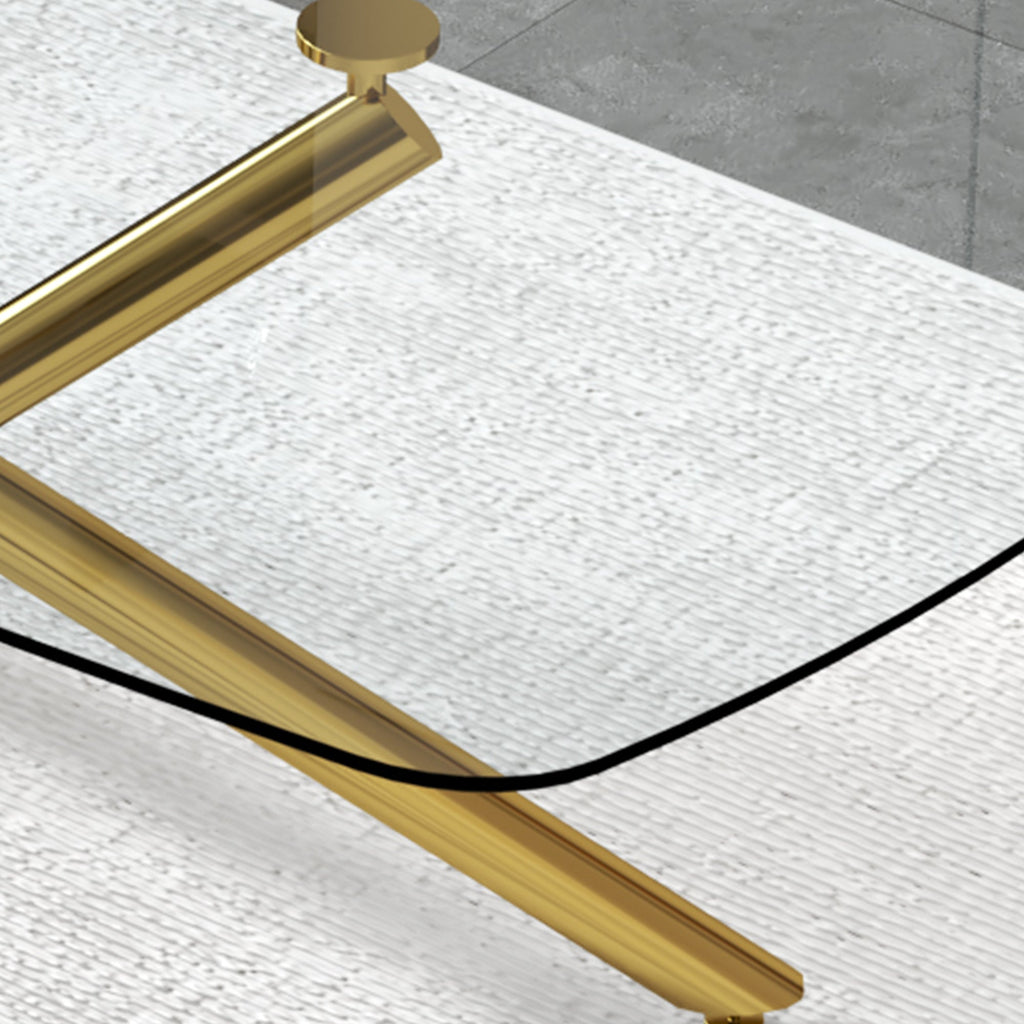 Large Modern Minimalist Rectangular Glass Dining Table with 0.39' Tempered Glass Top and Gilded Metal Legs for Kitchen, Dining Room, Living Room, Meeting Room, Ballroom 71' x 35.4' x 30'.