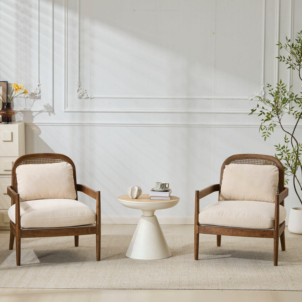 [Set of 2] 26.6' Mid-Century Modern Accent Chair with Light Brown Finish Solid Wood Frame and Rattan Backrest, Beige Cushion with Striped Fabric, Comfy Armchairs for Living Room, Bedroom, Reading Nook