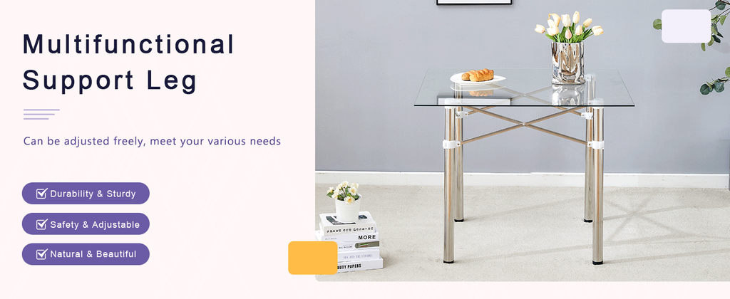 Elegant Expandable Square Glass Table - 36' Clear Tempered Glass, Silver Metal Legs.Telescopic metal legs, transparent square glass tabletop, suction cup attachment connection.
