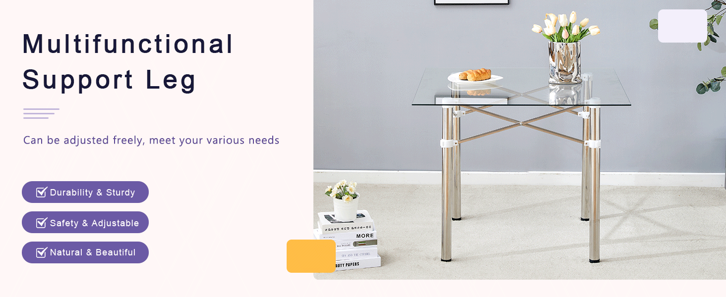 Elegant Expandable Square Glass Table - 36' Clear Tempered Glass, Silver Metal Legs.Telescopic metal legs, transparent square glass tabletop, suction cup attachment connection.