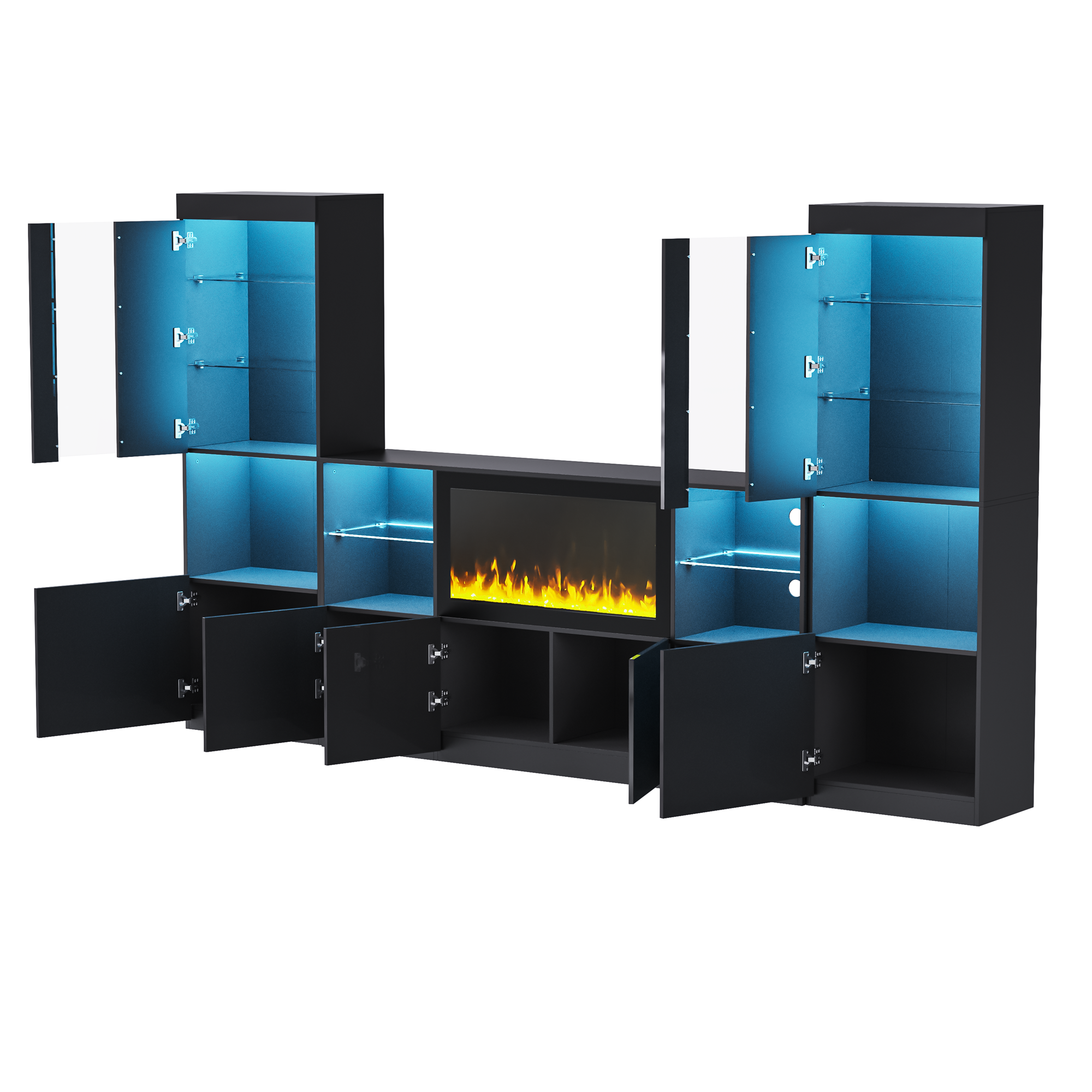 ON-TREND Modern TV Stand with 34.2' Non-heating Electric Fireplace, High Gloss Entertainment Center with LED Lights, Media Console with Tempered Glass Shelves for TVs up to 75', Black