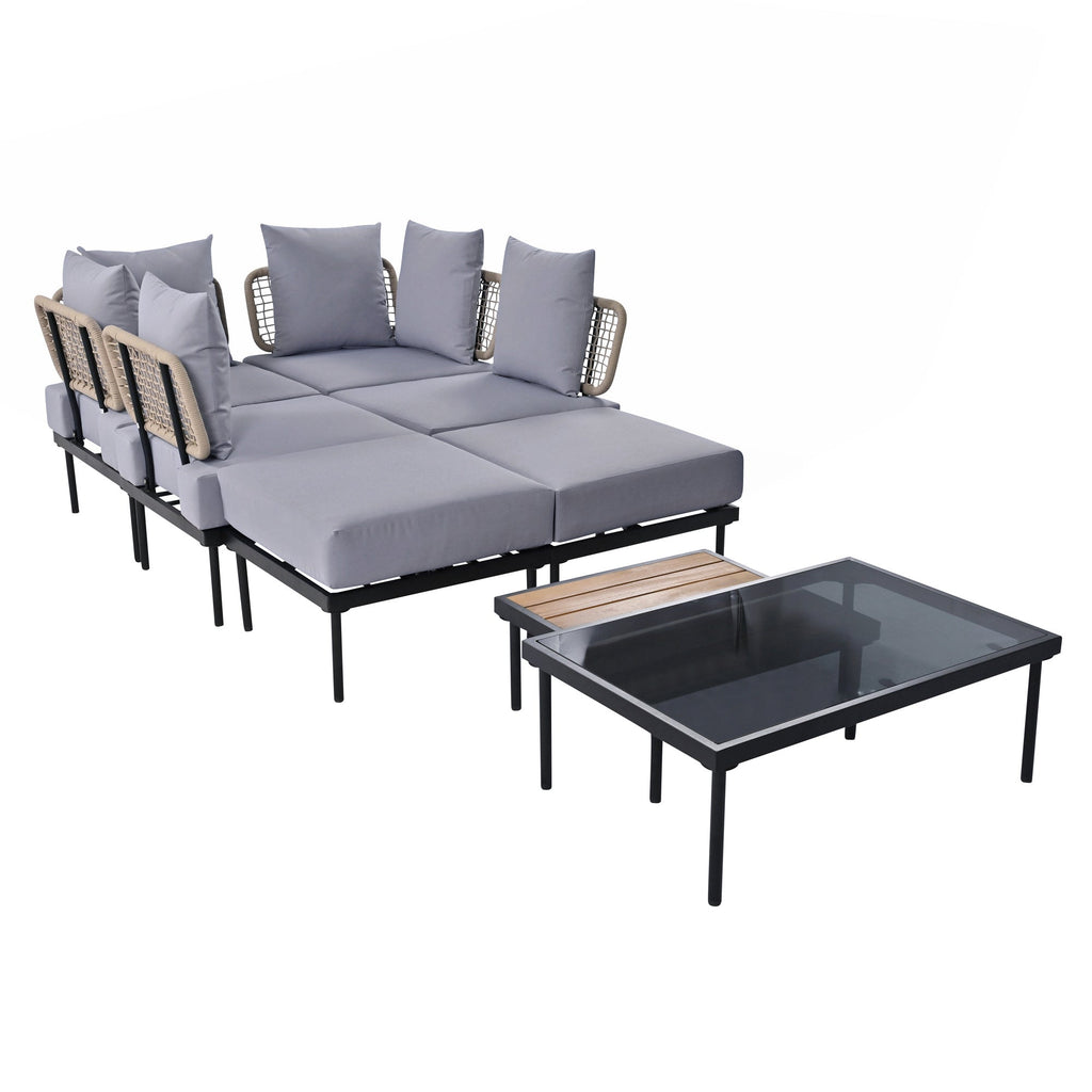 TREXM 8-Piece Patio Sectional Sofa Set with Tempered Glass Coffee Table and Wooden Coffee Table for Outdoor Oasis, Garden, Patio and Poolside (Light Grey Cushion + Black Steel)
