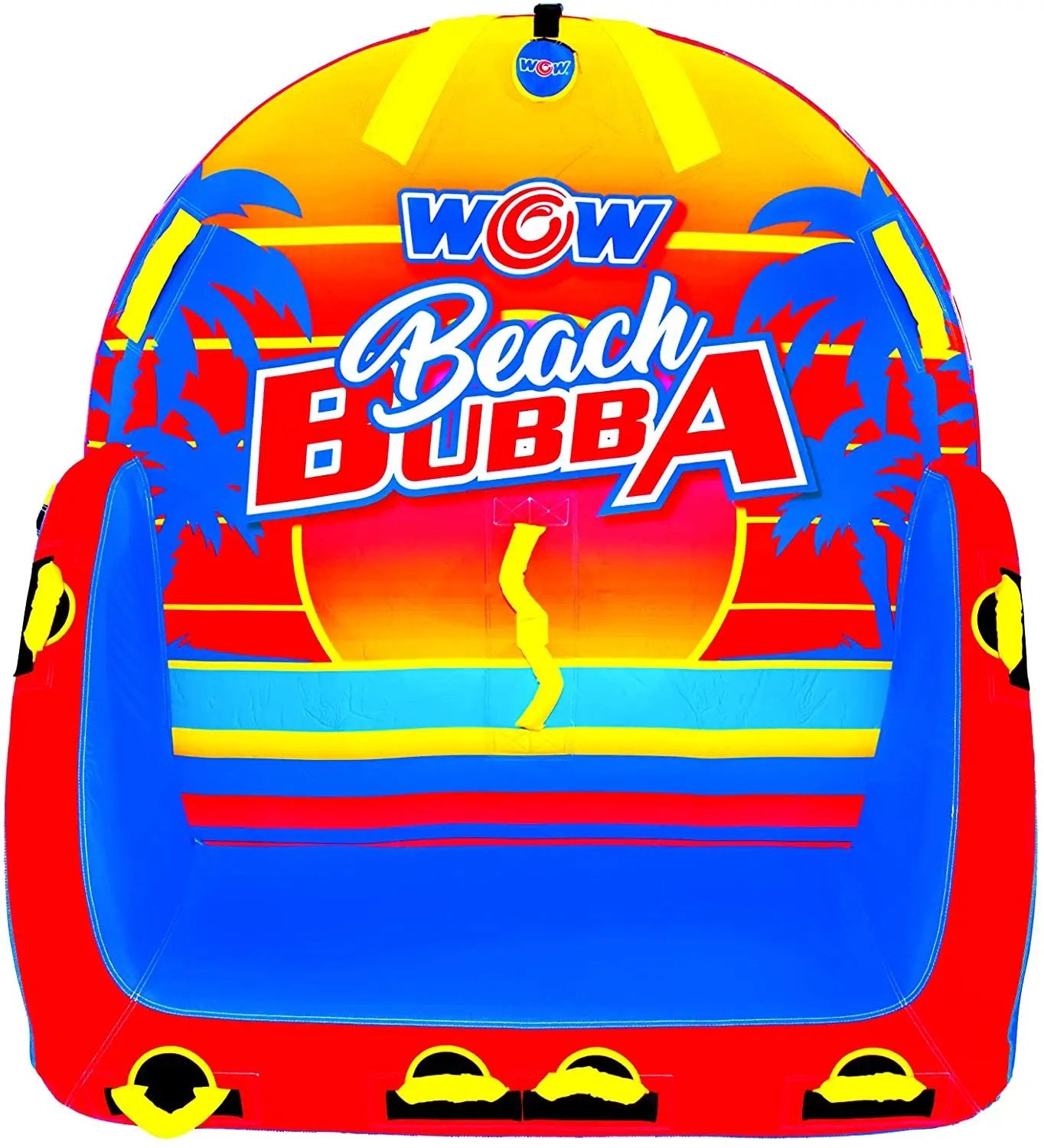 Towable raft WOW Beach Bubba 2P, bright multicolor with WOW logo and palm tree graphics.
