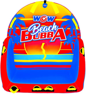 Towable raft WOW Beach Bubba 2P, bright multicolor with WOW logo and palm tree graphics.
