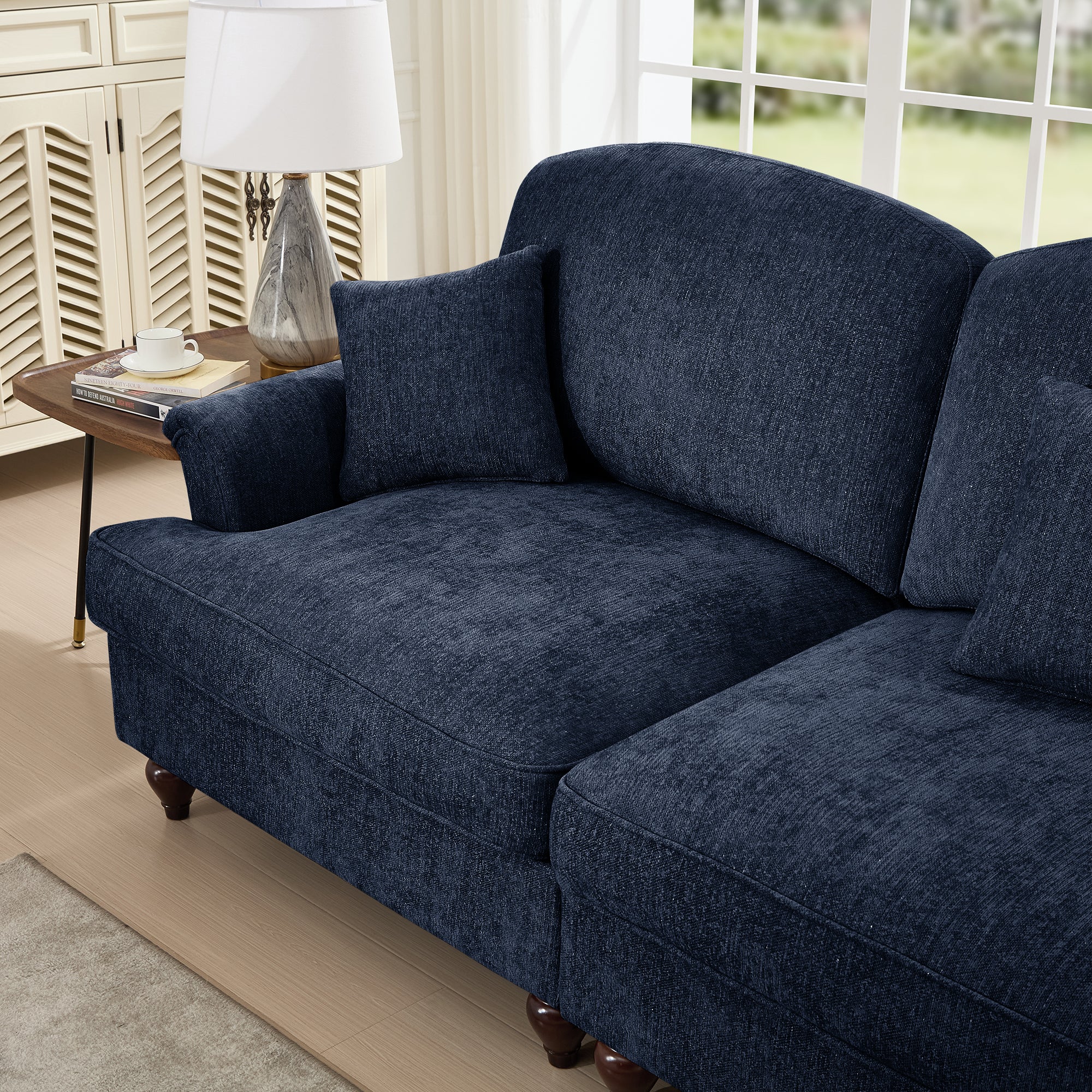 Classic 2 Piece Modular Couch Living Room Sofa Set with Flared Arms and Removable Ruffles Pleats Skirts and Spindle Legs, 2Seater Sofa + 2-Seat Loveseat Sofa Sets for Living Room, Blue