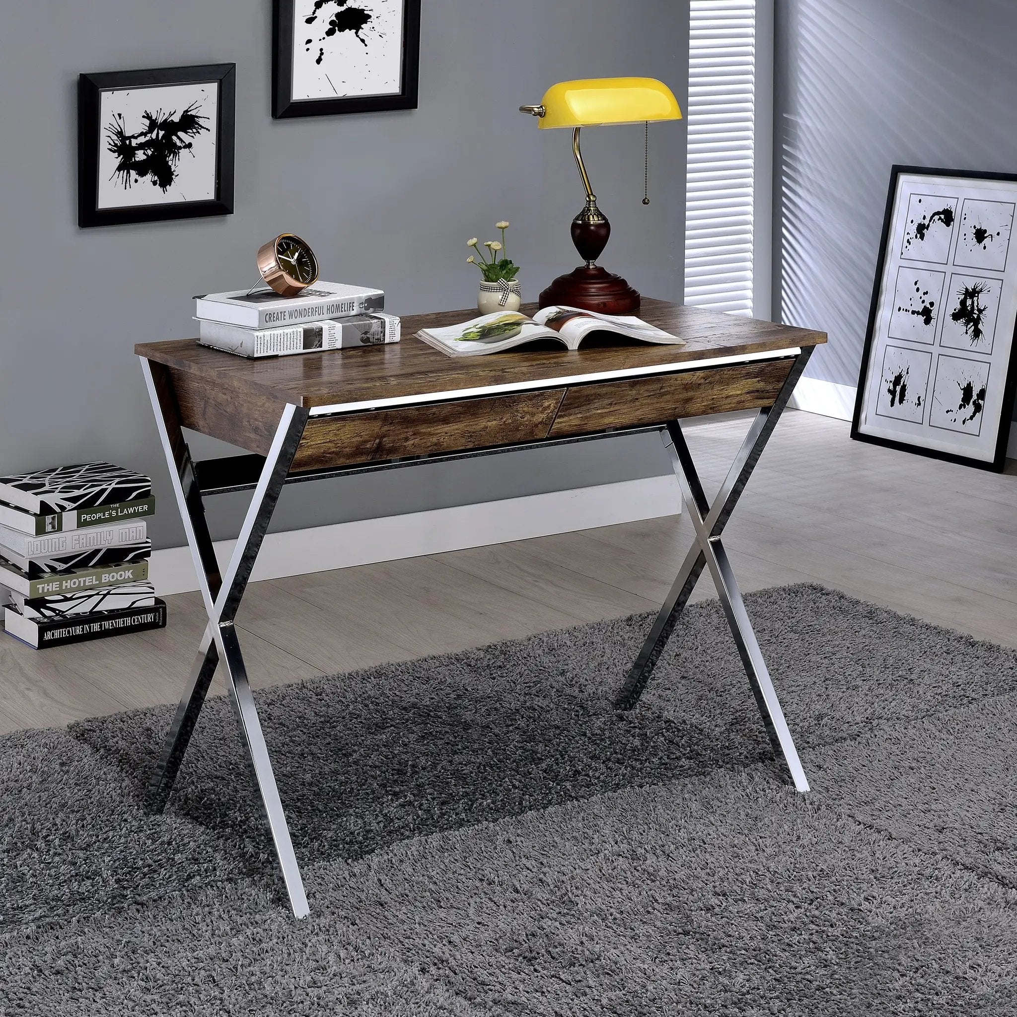 Weathered Oak and Chrome 2-drawer Writing Desk