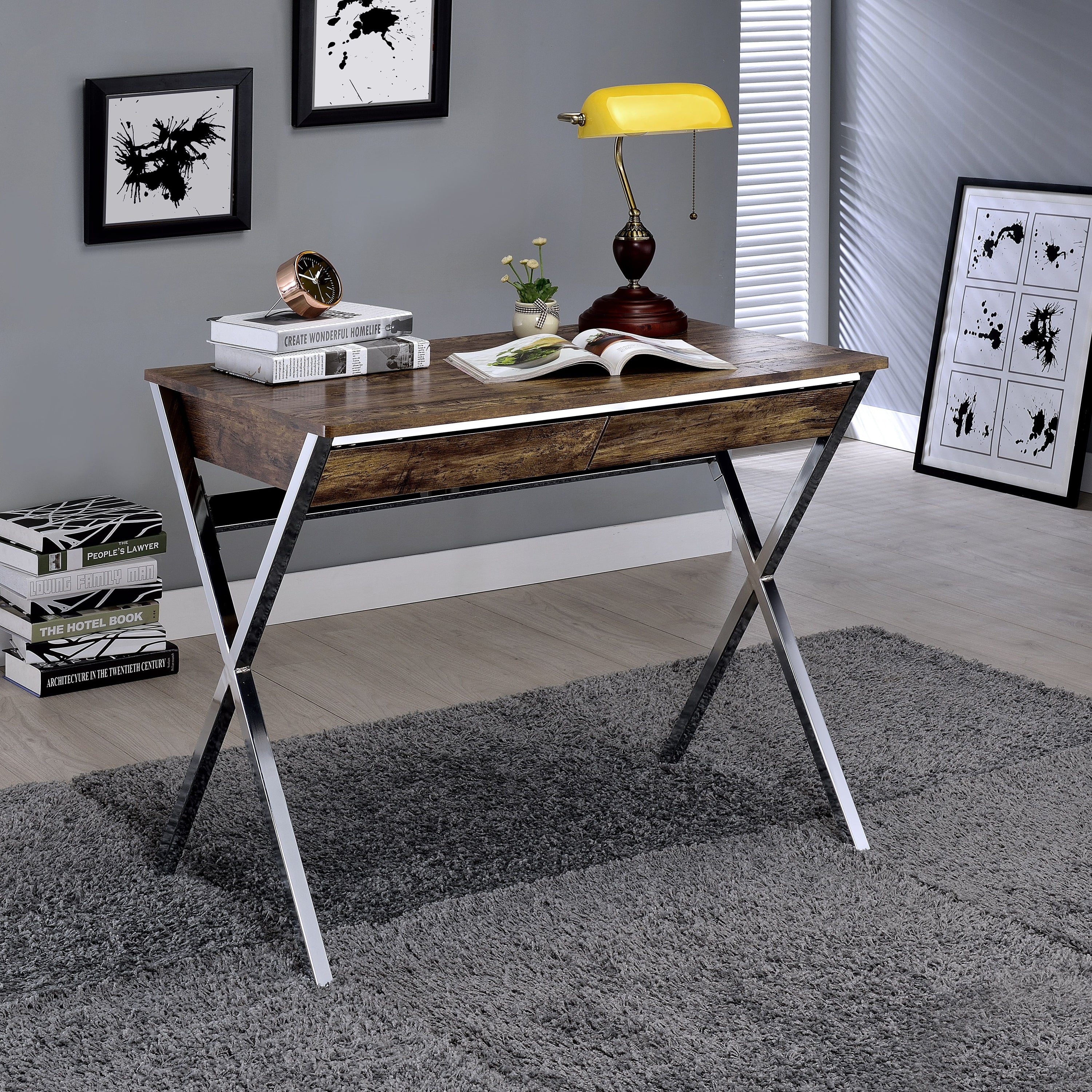Weathered Oak and Chrome 2-drawer Writing Desk