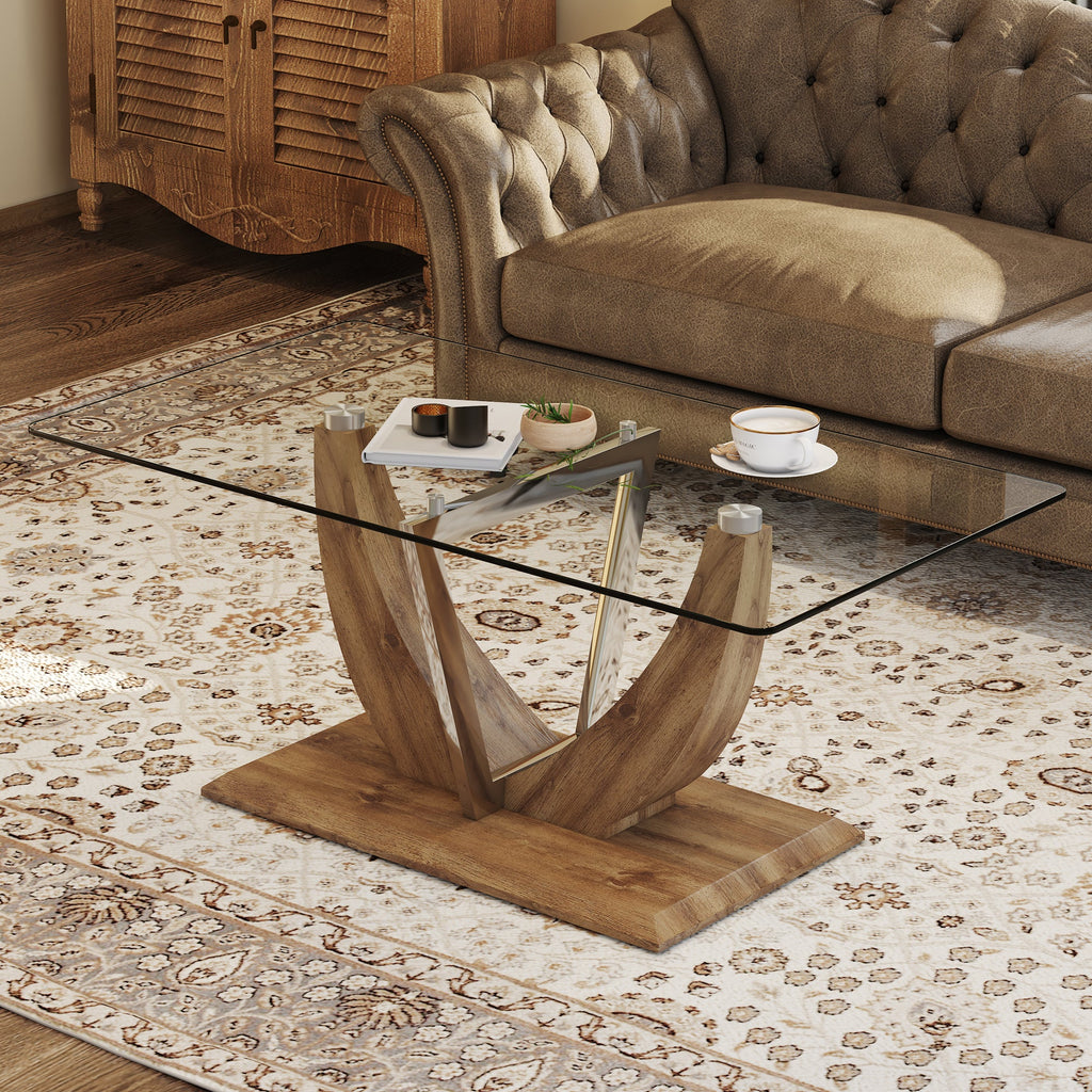 Modern minimalist transparent tempered glass coffee table with wooden MDF legs and stainless steel decorative columns. Computer desk. Game table. CT-907