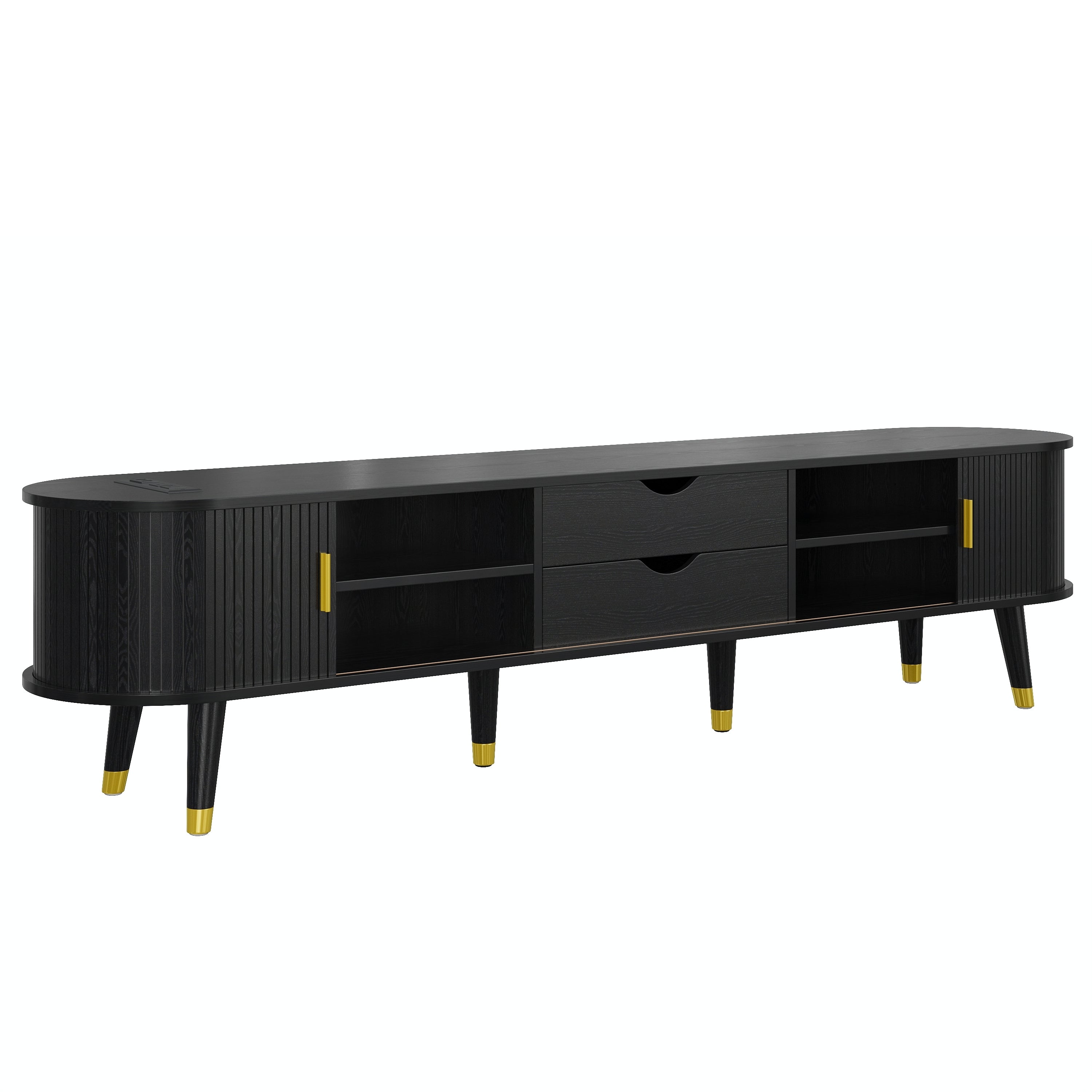 Wooden Oval Fluted TV Stand with Charging Station for TV up to 80', Mid-Century Media Console with Sliding Tambour Door, Farmhouse TV Cabinet with Golden Handle for Living Room, Black