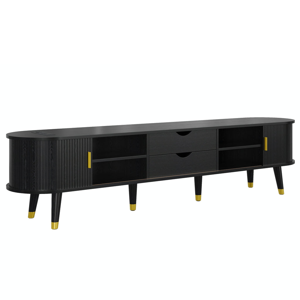 Wooden Farmhouse TV Stand & Coffee Table Set with Charging Station, Oval Fluted Media Console with Sliding Doors for TVs up to 80', Mid-Century Center Table with Solid Wood Legs for Living Room,Black