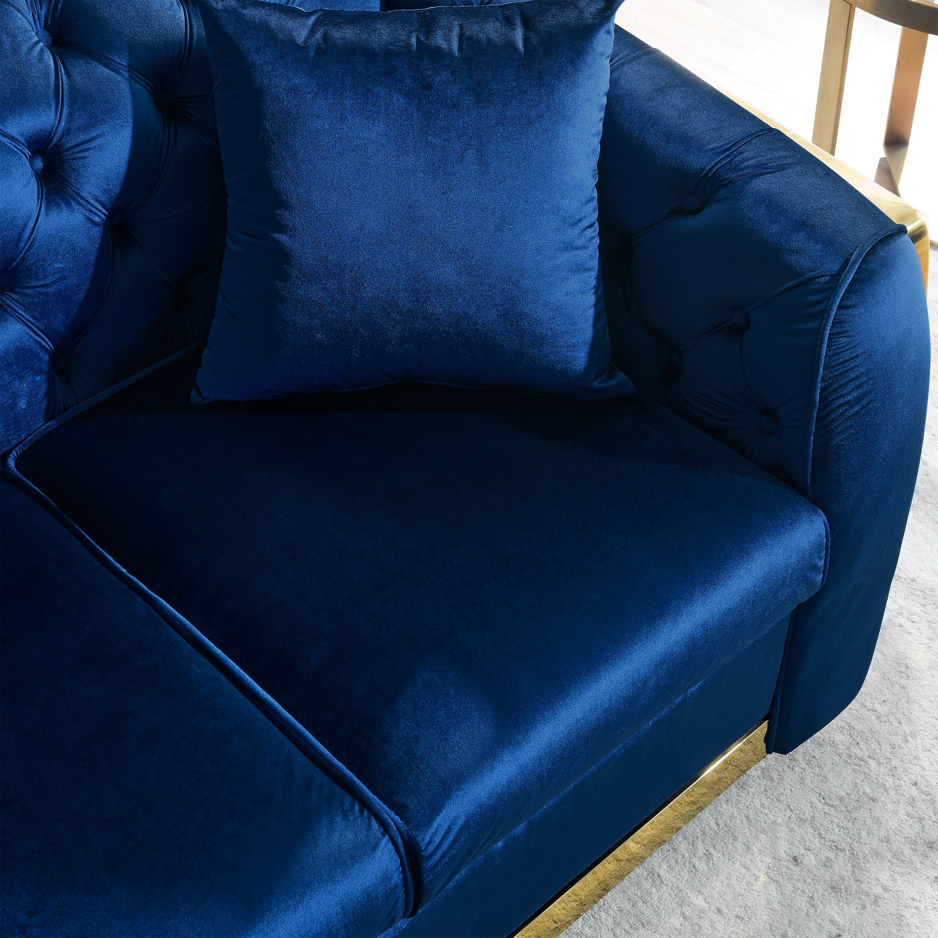 Velvet Luxury Chesterfield Sofa Set, 84 Inches Tufted 3 Seat Couch with Gold Stainless for Living Room, Navy Blue Fabric