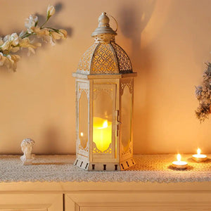 15-inch vintage metal lantern with glass panels and lattice, distressed white finish, candle inside