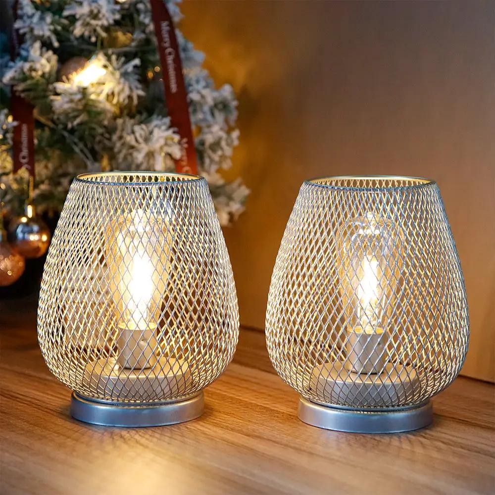 6.7-inch tall battery-powered outdoor table lamp set by JHY DESIGN, two metal mesh lanterns with warm glowing bulbs