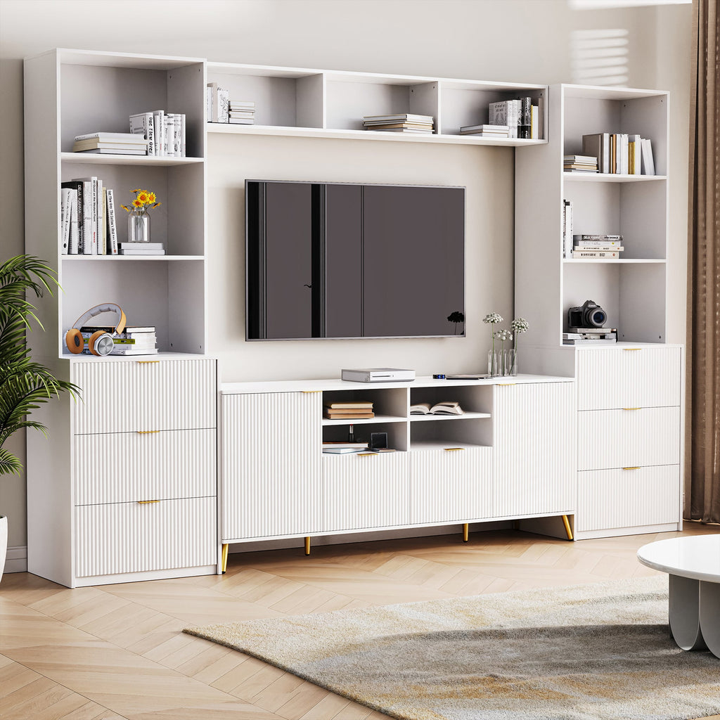U-Can 4-Piece Entertainment Wall Unit with 13 shelves,8 Drawers and 2 Cabinets, Multifunctional TV Stand Media Storage Cabinet with Fluted Line Surface for Living Room, for TVs Up to 70'
