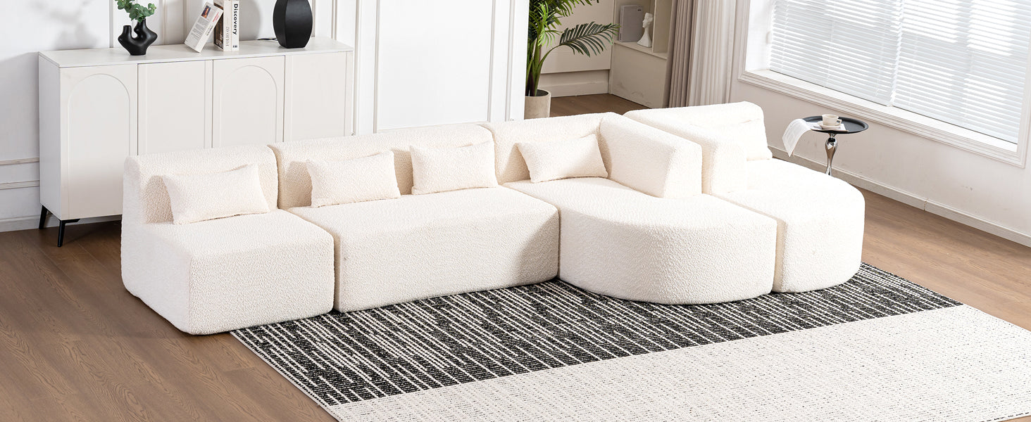144' Upholstered Sofa Free-combined Sofa Couch with Two Chaise Lounge and Five Back Pillows for Living Room(Old SKU: N719S001600A), Beige